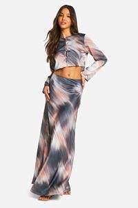 Boohoo Blurred Tie Dye Satin Bias Maxi Skirt, Grey