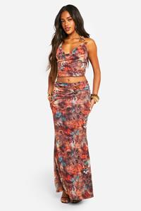 Boohoo Printed Mesh Beaded Trim Detail Maxi Skirt, Brown