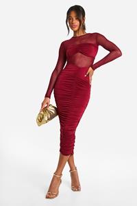 Boohoo Strakke Geplooide Mesh Midi Jurk, Plum