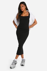 Boohoo Geribbelde Basic Maxi Jurk Met Vierkante Hals, Black