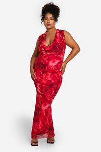 Boohoo Plus Mesh Rozen Maxi Jurk Met Print En Col, Red