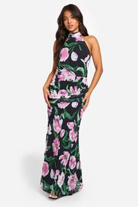 Boohoo Petite Geplooide Abstracte Bloemen Maxi Jurk Met Hoge Hals, Black