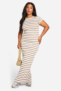 Boohoo Plus Basic Rib Stripe Cap Sleeve Maxi, Neutral