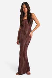 Boohoo Strapless Pu Slangenprint Maxi Jurk, Chocolate