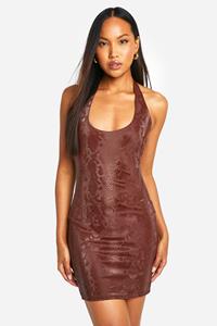 Boohoo Pu Slangenprint Mini Jurk Met Halter Neck, Chocolate