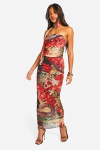 Boohoo Tropische Mesh Midi Rok Met Print, Red