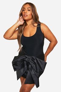 Boohoo Plus Satijnen Mini Rokje Met Strik, Black