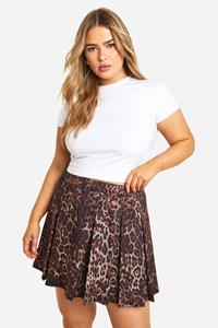 Boohoo Plus Geplooide Geweven Stretch Luipaardprint Tennis Rok, Brown