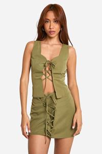 Boohoo Mini Rokje Met Veters, Olive