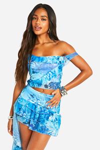 Boohoo Mesh Printed Frill Hem Mini Skirt, Blue