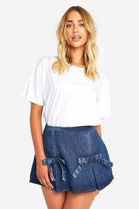 Boohoo Bow Detail Pleated Denim Mini Skirt, Denim