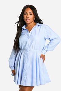 Boohoo Plus Woven Stripe Skater Shirt Dress, Blue