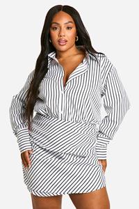 Boohoo Plus Woven Stripe Ruched Shirt Dress, White