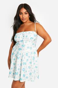 Boohoo Plus Melkmeisjes Bloemenpatroon Bengaline Skater Jurk, Blue