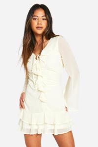 Boohoo Chiffon Ruffle Tie Front Mini Dress, Cream