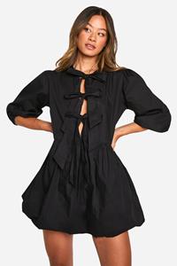 Boohoo Tall Tie Front Volume Sleeve Skater Dress, Black