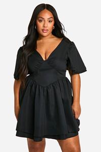 Boohoo Plus Woven Bodice Ruffle Sleeve Skater Dress, Black