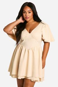 Boohoo Plus Woven Bodice Ruffle Sleeve Skater Dress, Stone