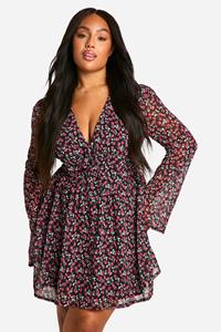 Boohoo Plus Woven Floral Milkmaid Skater Dress, Black