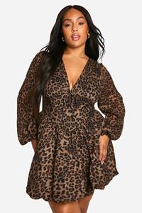 Boohoo Plus Milkmaid Woven Leopard Bubble Hem Skater Dress, Leopard