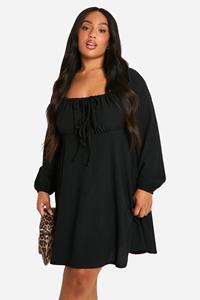 Boohoo Plus Crinkle Tie Front Milkmaid Skater Dress, Black