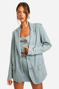 Boohoo Oversized Gestreepte Vintage Denim Blazer, Vintage Wash