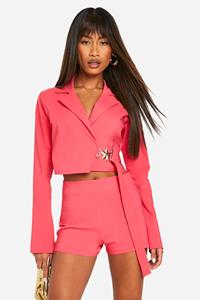 Boohoo Super Stretch Trim Detail Tie Waist Cropped Blazer, Pink