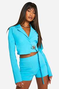 Boohoo Super Stretch Trim Detail Tie Waist Cropped Blazer, Azure