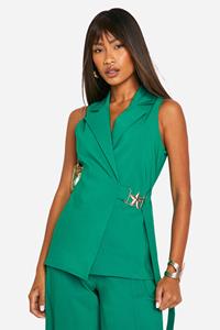 Boohoo Super Stretch Trim Detail Tie Side Longline Waistcoat, Emerald