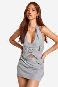 Boohoo Halter Gilet Met Krijtstrepen, Ceintuur En Halter Neck, Grey Marl