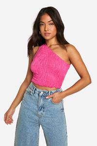 Boohoo Petite Doorschijnende Crop Top Met Textuur En Eén Blote Schouder, Hot Pink