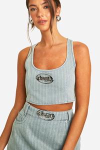 Boohoo Gestreepte Denim Vintage Crop Top Met Dsgn Badge, Vintage Wash