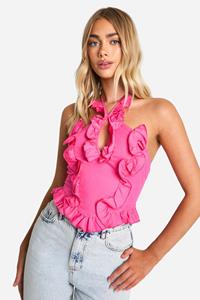 Boohoo Katoenen Poplin Top Met Ruches En Halter Neck, Pink