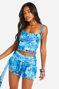 Boohoo Mesh Printed Frill Strap Top, Blue