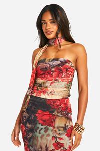 Boohoo Tropical Print Mesh Choker Tie Top, Red