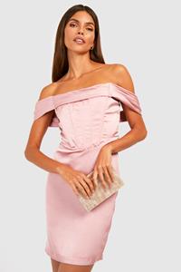 Boohoo Gedrapeerde Satijnen Off Shoulder Mini Jurk Met Korset Detail, Rose