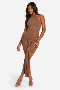 Boohoo Sheer Tie Waist Halterneck Mini Dress, Mocha