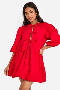 Boohoo Petite Tie Front Volume Sleeve Skater Dress, Red