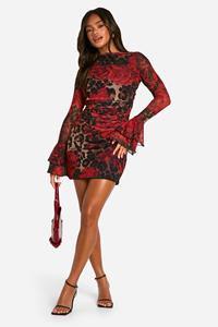 Boohoo Slash Neck Mixed Leopard Print Flare Sleeve Mini Dress, Leopard