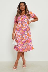 Boohoo Plus Bloemen Midi Jurk Met Pofmouwen, Orange