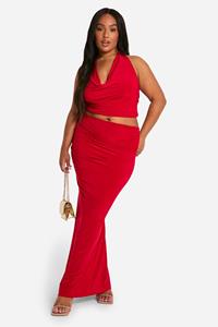 Boohoo Plus Double Slinky Halterneck Cowl Neck Top & Maxi Skirt Co Ord, Red