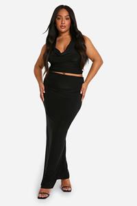 Boohoo Plus Double Slinky Halterneck Cowl Neck Top & Maxi Skirt Co Ord, Black