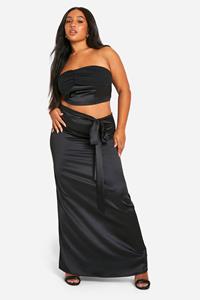 Boohoo Plus Satijnen Maxi Rok, Black