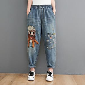 GS Cartoon Litter Girl Embroidery Denim Pants For Women Trendy Hole Casual High Waist Breeches Pockets Mom Harem Blue Jeans