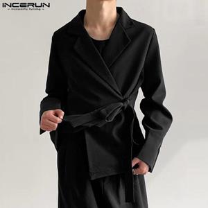 INCERUN Elegant Men Solid Color Long Sleeve Lace Up Cardigan Coat Jacket