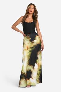 Boohoo Blurred Tonal Tie Dye Satin Bias Maxi Skirt, Khaki