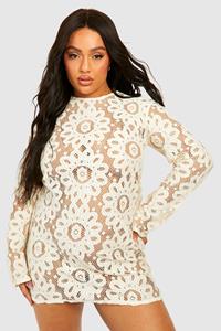 Boohoo Plus Mini Strand Jurk Met Lange Mouwen, Cream