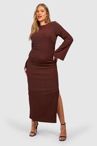 Boohoo Plus Flared Midaxi Jurk Met Textuur, Lange Mouwen En Split, Chocolate