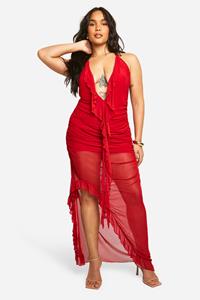 Boohoo Plus Mesh Maxi Jurk Met Ruches, Red