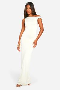 Boohoo Slinky Tie Shoulder Slash Neck Maxi Dress, Cream